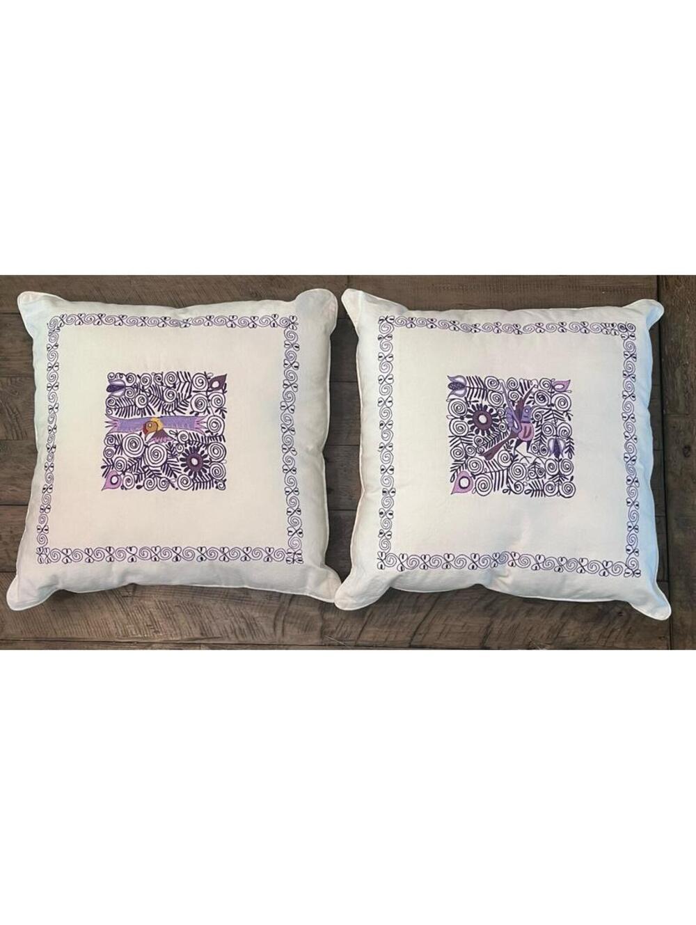 Pair of Purple White Bird Print Throw Decorative Pillows